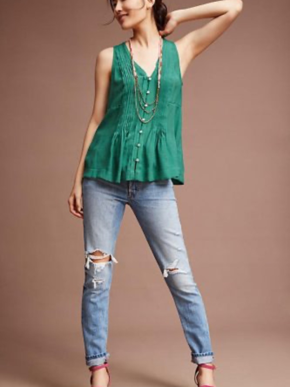 Anthropologie Maeve Green Saona Pintuck Pleated Sleeveless Blouse XS